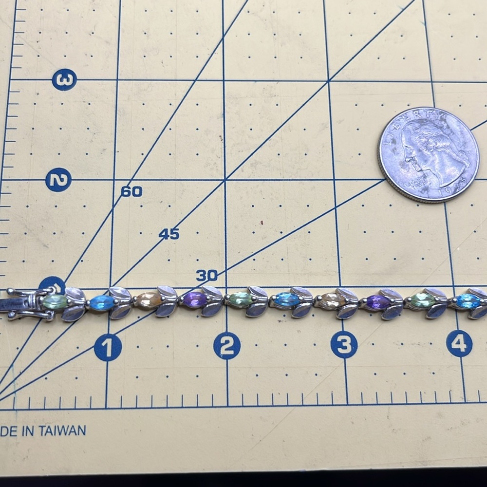 Sterling Silver flower motif tennis bracelet blue topaz, citrine and amethyst - Picture 10 of 12